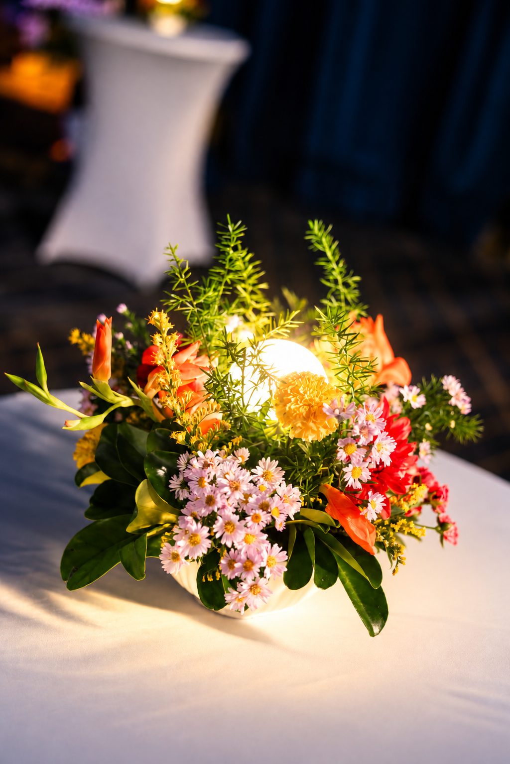 A glowing floral centrepiece