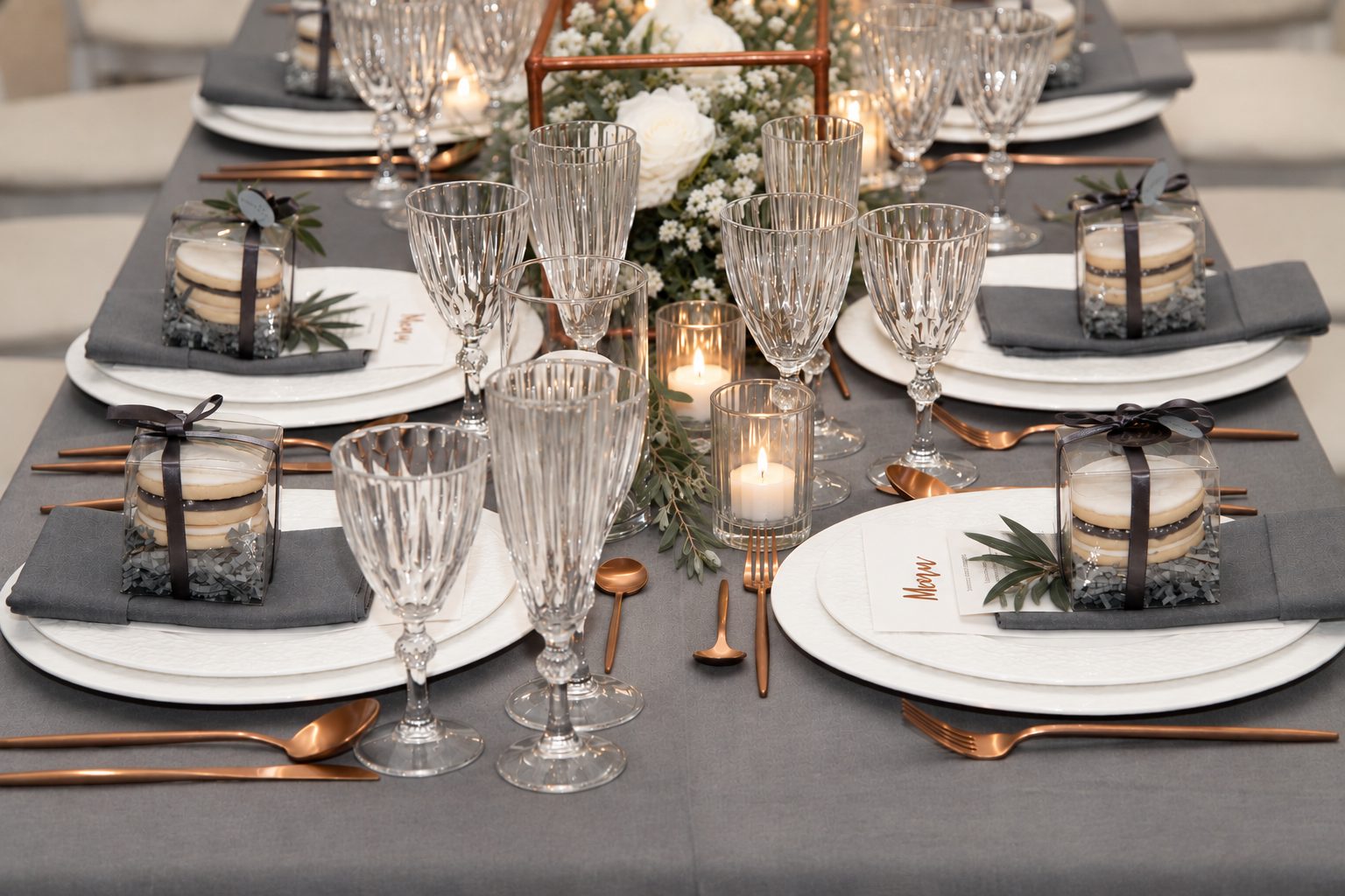 A grey candlelit wedding table